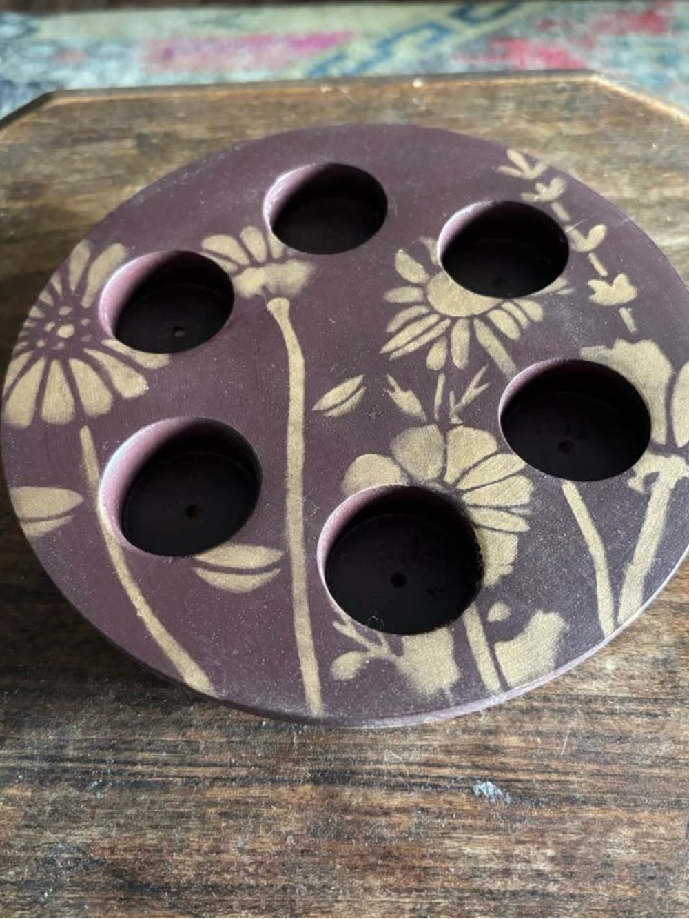 Floral Wooden Round Tea Light Holder in Deep Plum and Gold